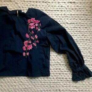 Blueh ciel navy top with pink cherry blossom embroidery, S